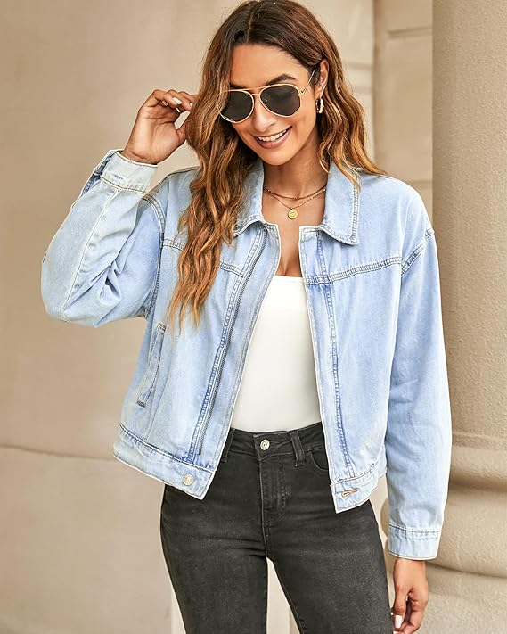 Oversized Jean Jacket Women Cropped Zip Up Denim Jackets  